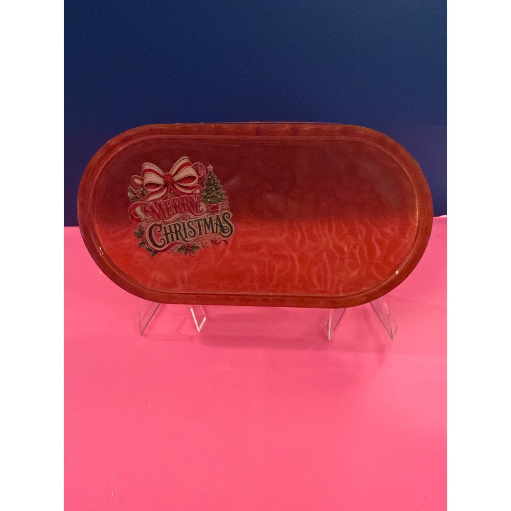 Handmade Merry Christmas Resin Trinket Tray Red Shimmer Oval Holiday Decor Dish